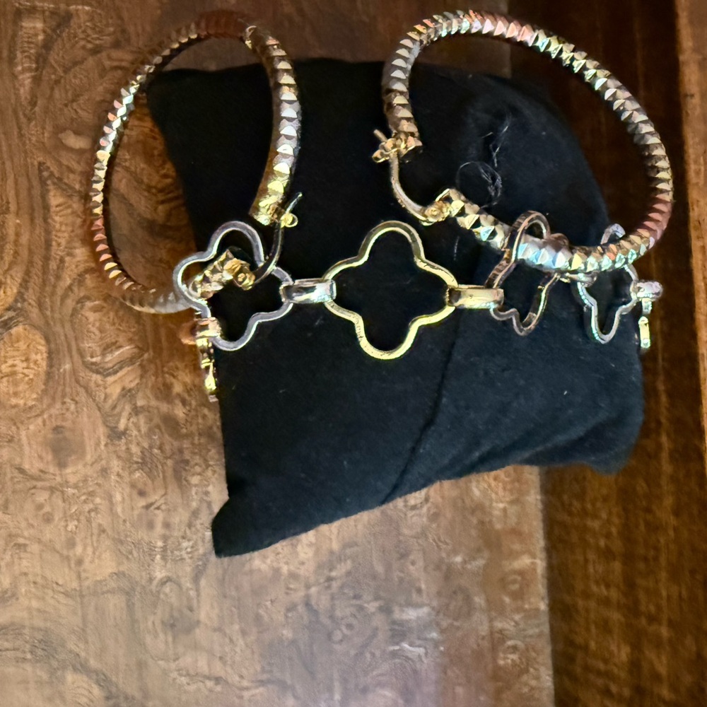 Gold and Silver and rose gold Clover Bracelets with matching earrings